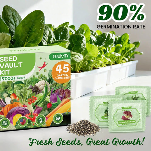 Package of 45 Variety Vegetable Seed Kit With Over 17,000 Heirloom Seeds For Indoor And Outdoor Gardens Seed Vault Kit next to seedlings.