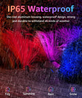 IP65 waterproof 12W RGBW lit outdoor landscape lights with remote control, illuminating plants in rain with color-changing effects.