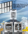 Portable Evaporative Air Conditioner With Remote And Wide Angle Oscillation Plus 3 In 1 Swamp Cooler And Humidifier Featuring 7 5 Hour Timer And Dual Cooling For Quick No Sweat Comfort Anywhere in a workshop setting with adjustable angles.