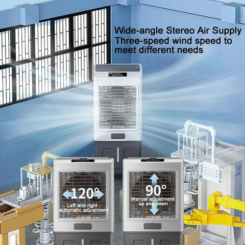 Portable Evaporative Air Conditioner With Remote And Wide Angle Oscillation Plus 3 In 1 Swamp Cooler And Humidifier Featuring 7 5 Hour Timer And Dual Cooling For Quick No Sweat Comfort Anywhere in a workshop setting with adjustable angles.