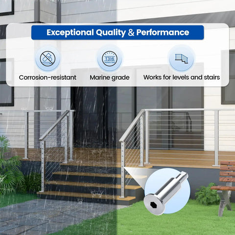 Invisible Cable Railing Kit 20 Pack With Hidden Tensioner And Hand Swage For 2 By 2 Inch Metal Posts In T316 Stainless Steel Deck Cable Railing System CB40 Built For Outdoor Use showcasing corrosion-resistant marine-grade features on outdoor stairs.