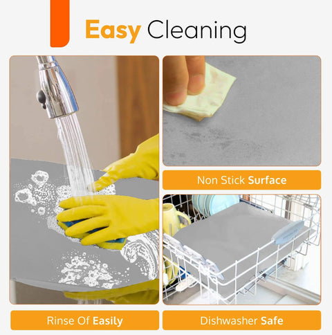 Illustration showing easy cleaning of 75 Inch By 17 Inch Teflon Nonstick Liner Roll For Ovens Grills And Stovetops Cut To Custom Fit