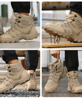 Heavy Duty Steel Toe Work Boots for Men Breathable High Top Safety Shoes Built Tough for Construction and Industry Premium Comfort Lightweight Yet Indestructible with Anti Puncture Kevlar Insole Brown displayed on gravel and wood surfaces, emphasizing durability and rugged design.