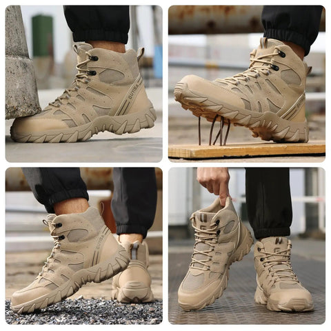 Heavy Duty Steel Toe Work Boots for Men Breathable High Top Safety Shoes Built Tough for Construction and Industry Premium Comfort Lightweight Yet Indestructible with Anti Puncture Kevlar Insole Brown displayed on gravel and wood surfaces, emphasizing durability and rugged design.