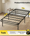 Rock Solid Twin Metal Platform Bed Frame Featuring Heavy Duty Steel Slats And Six Sturdy Legs No Box Spring Required Straight Forward Assembly with dimensions and weight capacity.