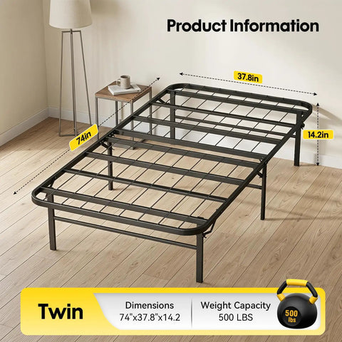 Rock Solid Twin Metal Platform Bed Frame Featuring Heavy Duty Steel Slats And Six Sturdy Legs No Box Spring Required Straight Forward Assembly with dimensions and weight capacity.