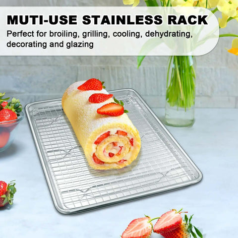 Heavy Duty Half Sheet Pans With Rack Set For Baking And Roasting Thick Aluminum Bakeware with roll cake on stainless rack