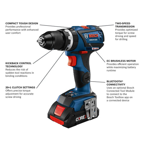 18V EC Brushless Hammer Drill Driver With Bluetooth Connectivity, Half Inch Chuck, connected ready, CORE18V 4Ah battery