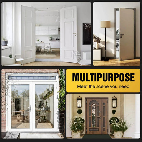 Composite image showcasing doors in various settings, highlighting the versatile use of 5 pack non-mortise door hinges with automatic closing.