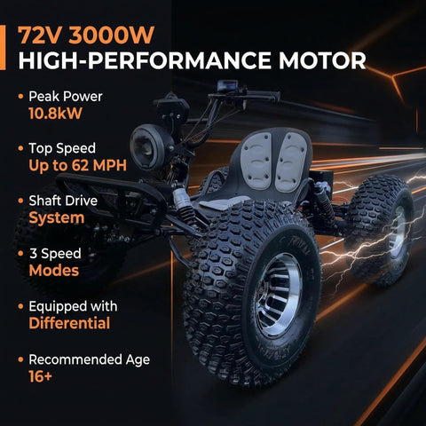 Front view close-up of 72V Electric Off Road Go Kart 3000W Brushless Motor Peak 10.8kW Top Speed 62 MPH with large tires.