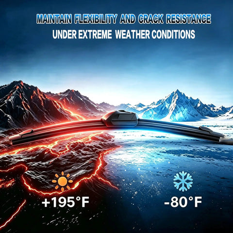 Straight Up Tough 26 And 16 Inch Windshield Wiper Blades With Heavy Metal Frame For All Season Action on extreme weather background.