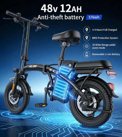 Epic Foldable Electric Bike For Adults With 750W Peak Power And 23 MPH Max, 14 Inch Compact Ebike, 48V 12Ah Battery, 35 Mile PAS Range, Ideal For Commutes And Weekend Joyrides, black folding frame