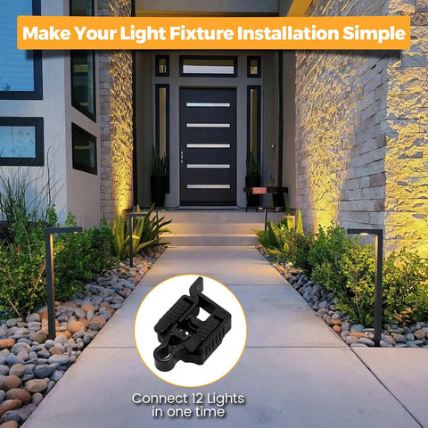 Low Voltage Landscape Lighting Wire Connector Kit For 10/12/14/16/18 Gauge, single connector, installed pathway lights shown