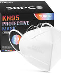 KN95 Face Mask 5 Ply Disposable Respirator Pack Of 30 For Adults White With Filtration Greater Than 95 Percent Against PM 2 5 And Moisture Absorption For Daily Use displayed with box