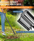 Heavy Duty 16 Inch Metal Garden Rake With 56 Inch Handle And 11 Steel Tines shown in use on lawn, stainless steel handle with protective coating.