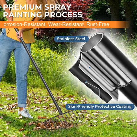 Heavy Duty 16 Inch Metal Garden Rake With 56 Inch Handle And 11 Steel Tines shown in use on lawn, stainless steel handle with protective coating.
