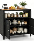 Outdoor Wicker Bar Cabinet with PE Rattan Construction, Durable Acacia Wood Countertop, Open Shelf and Two Doors, Black Finish