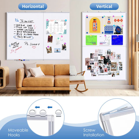 Dry Erase Whiteboard 48 By 36 Inch Large Wall Mounted Foldable Whiteboard With Aluminum Frame for home and office, shown horizontally and vertically.