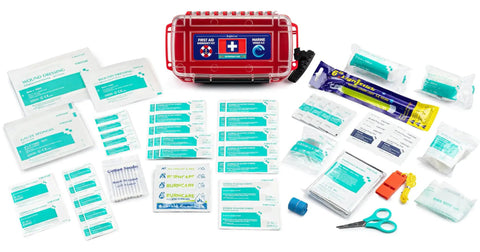 Marine Waterproof First Aid Kit For Boat Kayak And Beach With Floating Hard Case And Emergency Medical Supplies spread out
