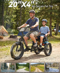Two Seater Electric Tricycle For Adults With Peak 1500W Power Fat Tire Twenty Inch By Four Inch 48V 18Ah Battery Three Amp Charger Top Speed 15 MPH UL2849 Certified Long Range Up To 65 Miles Front Parking Brake Basket Differential, rider with child