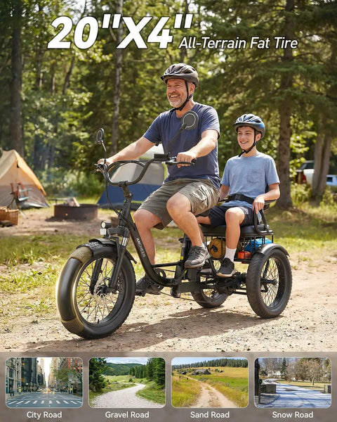 Two Seater Electric Tricycle For Adults With Peak 1500W Power Fat Tire Twenty Inch By Four Inch 48V 18Ah Battery Three Amp Charger Top Speed 15 MPH UL2849 Certified Long Range Up To 65 Miles Front Parking Brake Basket Differential, rider with child
