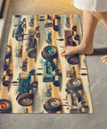 Person stepping on Vintage Farm Tractors U Shaped Toilet Rug Non Slip Absorbent Bath Mat Soft Polyester Fiber 24x20 Inches.