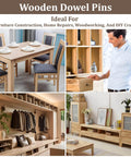 Collage showing uses of wooden dowel pins in furniture construction, home repairs, and DIY woodworking crafts.