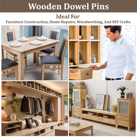 Collage showing uses of wooden dowel pins in furniture construction, home repairs, and DIY woodworking crafts.