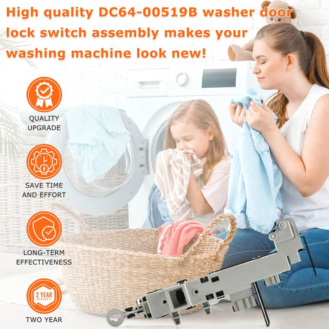 Woman folding laundry with Heavy Duty Washer Door Lock Switch Replacement for Front Load Washers Replaces 461970200692 8182634 DC64-00519B DC64-00519D OEM Compatible Repair Part With No Fuss Quick Install in foreground