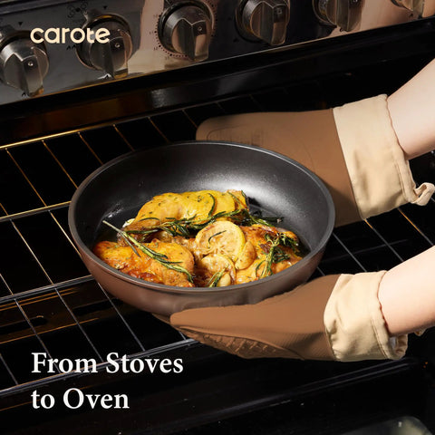 21 Piece Nonstick Pots And Pans Set With Removable Handles For Easy Storage Induction Compatible Cookware in oven with food