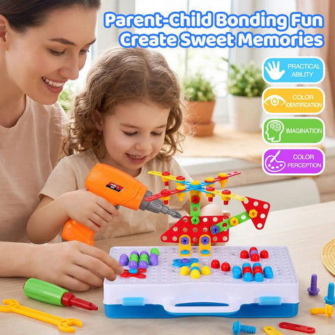 224 Piece Drill And Screwdriver STEM Building Set For Kids With 2D And 3D Blocks Kit Totally Great For Hands On Learning Fine Motor Skills And Creative Problem Solving. Mother and child building a colorful 3D model with drill and screws.