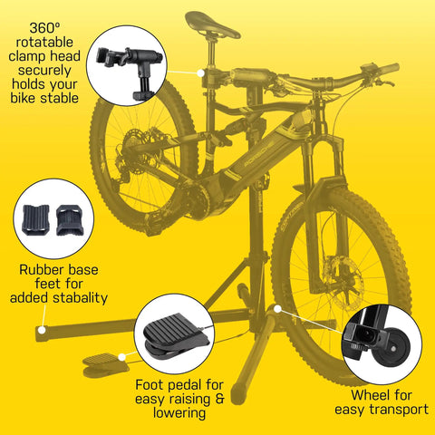 Lift-Assisted Foldable Bike Repair Stand For E-Bikes With Foot Pedal Hydraulic Lift Rotating Clamp Head Reinforced Support