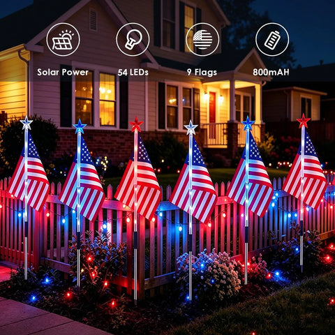 Outdoor Patriotic LED Flag Lights Kit, 9-Pack Solar American Flag Lights for Garden Pathway, Waterproof 54 LED setup at night