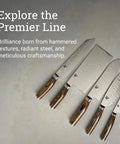 Premier 3 Inch Vegetable Knife With VG MAX Core And Damascus Stainless Steel Cladding Pakkawood Handle For Peeling And Coring displayed in set.