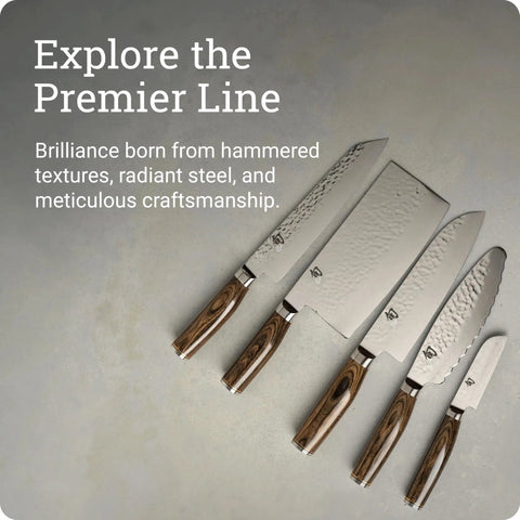 Premier 3 Inch Vegetable Knife With VG MAX Core And Damascus Stainless Steel Cladding Pakkawood Handle For Peeling And Coring displayed in set.