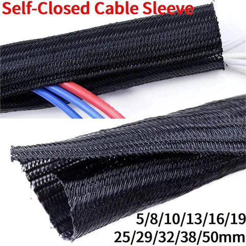 Expandable Cable Management Sleeve For Wires And Cables Self Closed PET Braided Protector Hider 50mm By 50m showing open end