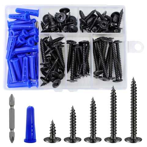 No Fuss Top Shelf Heavy Duty Workhorse Number 8 Black Truss Head Wood Screws And Drywall Plastic Anchors Assortment Kit includes assorted screws and plugs.