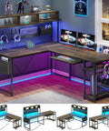 L Shaped Desk With Power Outlet And LED Lights, 94.5 Inch Home Office Desk With Keyboard Tray, Pegboard in walnut brown.