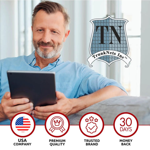 Man using tablet with TrunkNets Inc. logo and service icons for Dodge Durango Trunk Mesh Cargo Net Envelope Style