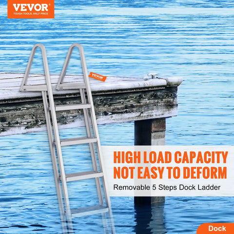 Removable Dock Ladder With 5 Steps And 350 Lbs Load Capacity For Pontoon Boats 4 Inch Wide Nonslip Pedals All Aluminum Design Built For Ship Lake Pool And Marine Boarding on dock