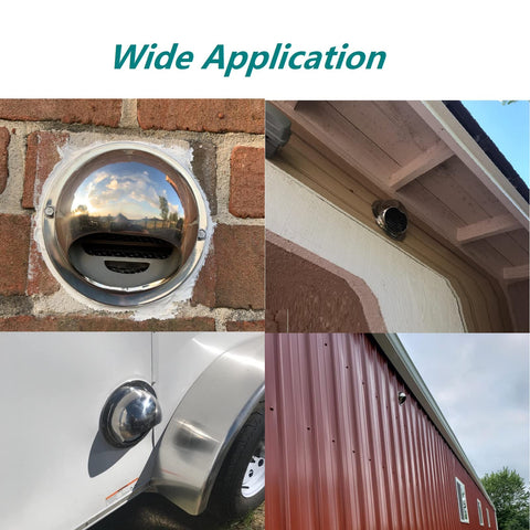 8 Inch Stainless Steel Wall Vent Cover with Round Exhaust Grille installed on various outdoor surfaces including brick and wood.