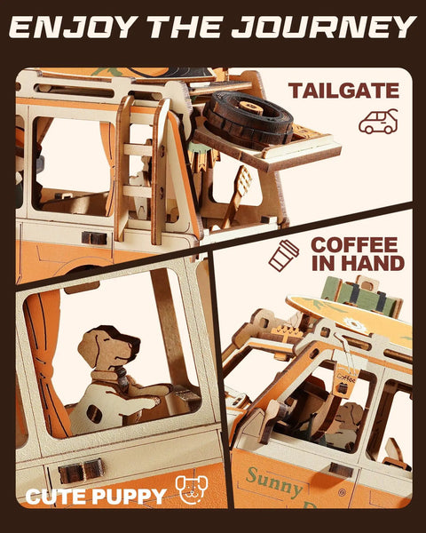 Dope Pendulum Balance Toy 3D Wooden Puzzle Kit For Adults, retro wooden car with puppy and coffee cup details