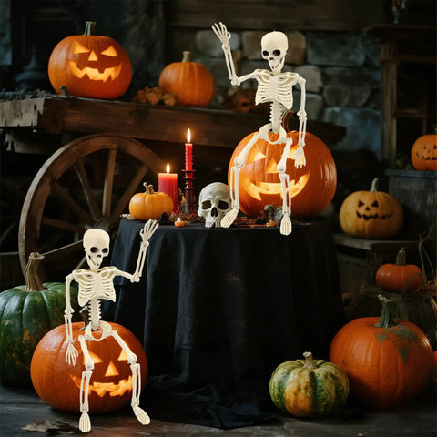 Two 15.7 Inch Hanging Skeleton Decorations With Full Body Posed Joints Realistic Spooky Skeletons For Halloween Decor on pumpkins