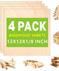 Four 12x12x1/8 in basswood sheets for laser cutting; smooth surface, shown with wooden models (plane, car, tree, house)