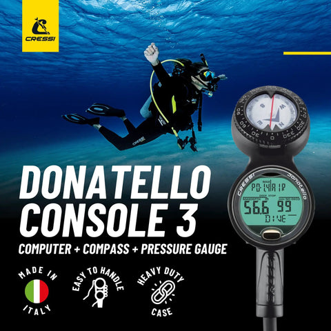 Diver with Donatello 3 Scuba Console With Dive Computer Pressure Gauge And Compass For Easy Air And Nitrox Gauge Readings