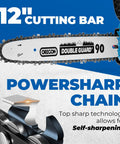 Close-up of the 12-inch cutting bar on a brushless cordless chainsaw with Powersharp chain and self-sharpening feature.