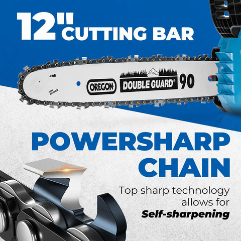 Close-up of the 12-inch cutting bar on a brushless cordless chainsaw with Powersharp chain and self-sharpening feature.