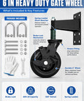 Hefty Black Fence Gate Rollers With Secure Locking Brake, 600 Pound Rock Solid Anti Sag Setup For Metal Tubes And Wood Gates, Silent Dual Ball Bearing Smooth Operator Glide showing a 6-inch heavy duty gate wheel with brake lock.