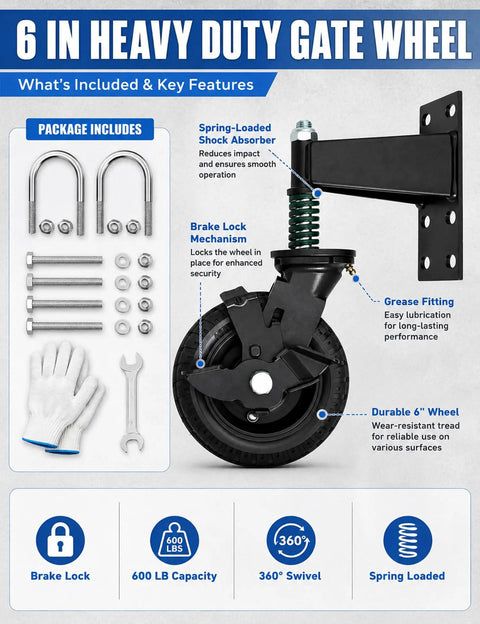 Hefty Black Fence Gate Rollers With Secure Locking Brake, 600 Pound Rock Solid Anti Sag Setup For Metal Tubes And Wood Gates, Silent Dual Ball Bearing Smooth Operator Glide showing a 6-inch heavy duty gate wheel with brake lock.