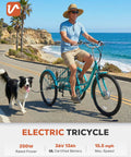 Electric Tricycle For Adults 26 Inch Trike With 250W Peak 500W Motor 468Wh Removable Battery 31 Mile Range Three Modes 3 Wheel Electric Trike For Seniors Teal Color Easy Ride For Daily Commute, teal 3-wheel trike on coastal road